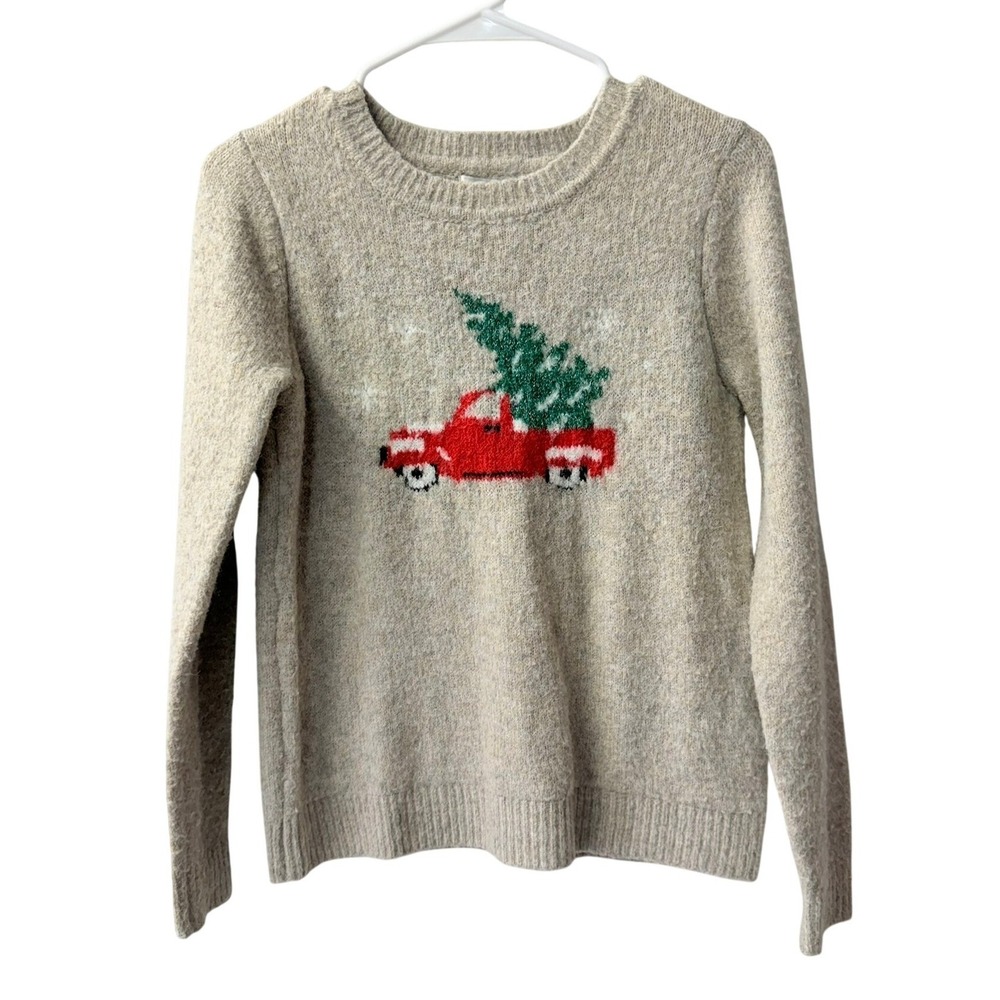 Cupcakes & Cashmere Sweater Women XS Oatmeal Christmas Tree Red Truck Pullover